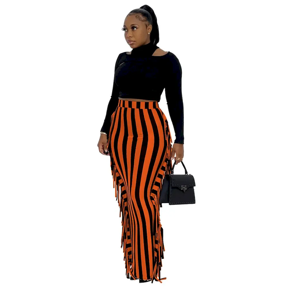 Women Fashion Slim-Fit Printed Stripe-Side Tassel Skirt - Image 9