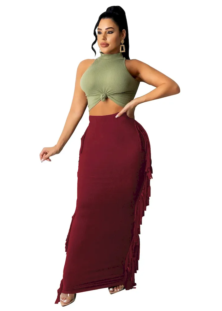 Women Fashion Slim-Fit Printed Stripe-Side Tassel Skirt - Image 12