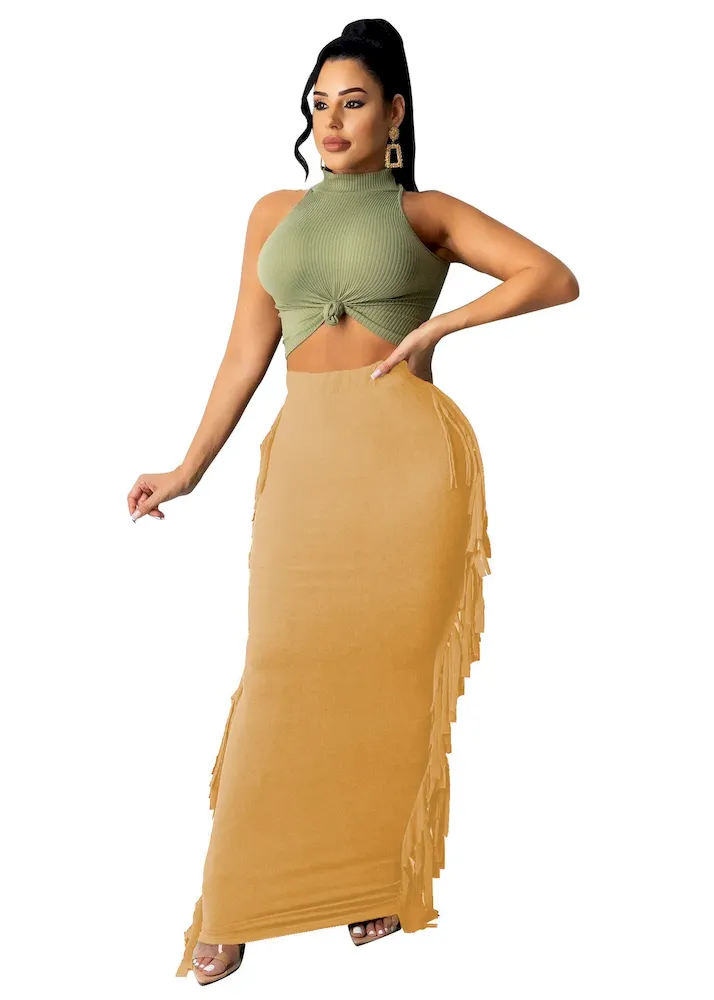 Women Fashion Slim-Fit Printed Stripe-Side Tassel Skirt - Image 15