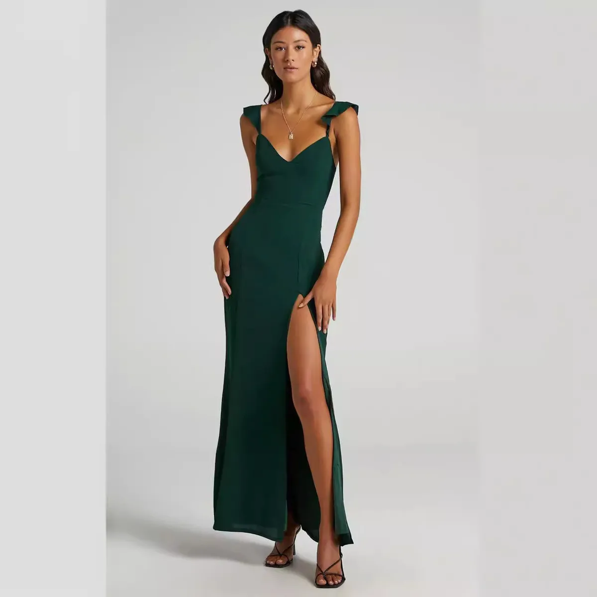 Women Elegant Solid Color Side Slit Sling Party Dress - Image 5