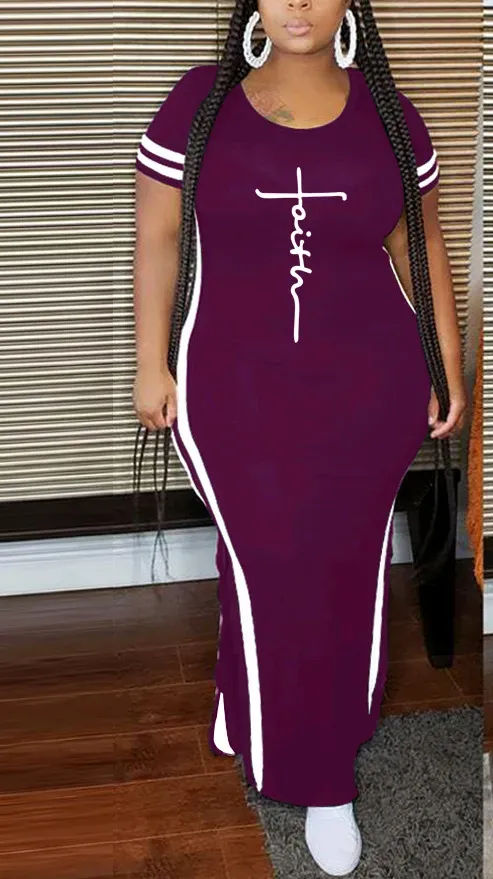 Women Fashion Casual Printed Split Short Sleeve Round Neck Plus Size Dress - Image 6