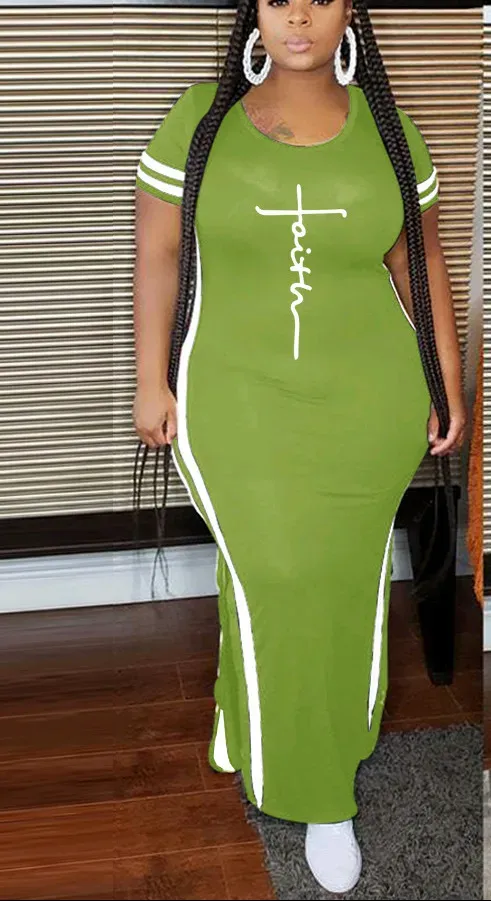 Women Fashion Casual Printed Split Short Sleeve Round Neck Plus Size Dress - Image 7
