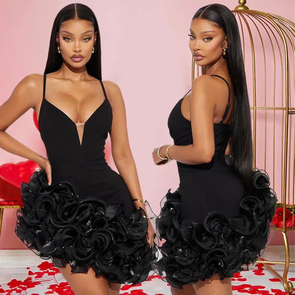 Women Fashion Sexy Solid Color Irregular Lotus Leaf Lace Camisole Dress - Image 3