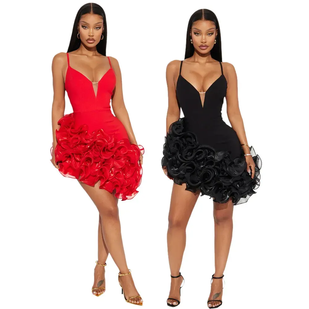 Women Fashion Sexy Solid Color Irregular Lotus Leaf Lace Camisole Dress - Image 4