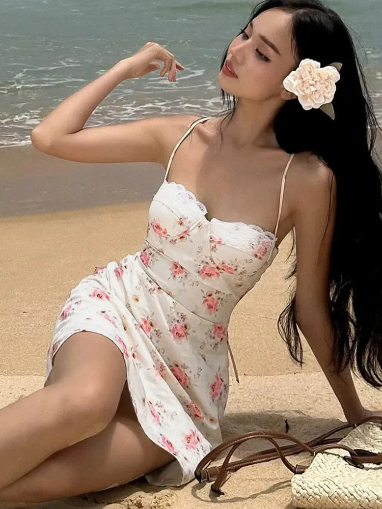 Women Fashion Elegant Floral Printed Lace Stitching Camisole Dress - Image 3