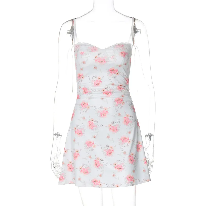 Women Fashion Elegant Floral Printed Lace Stitching Camisole Dress - Image 5