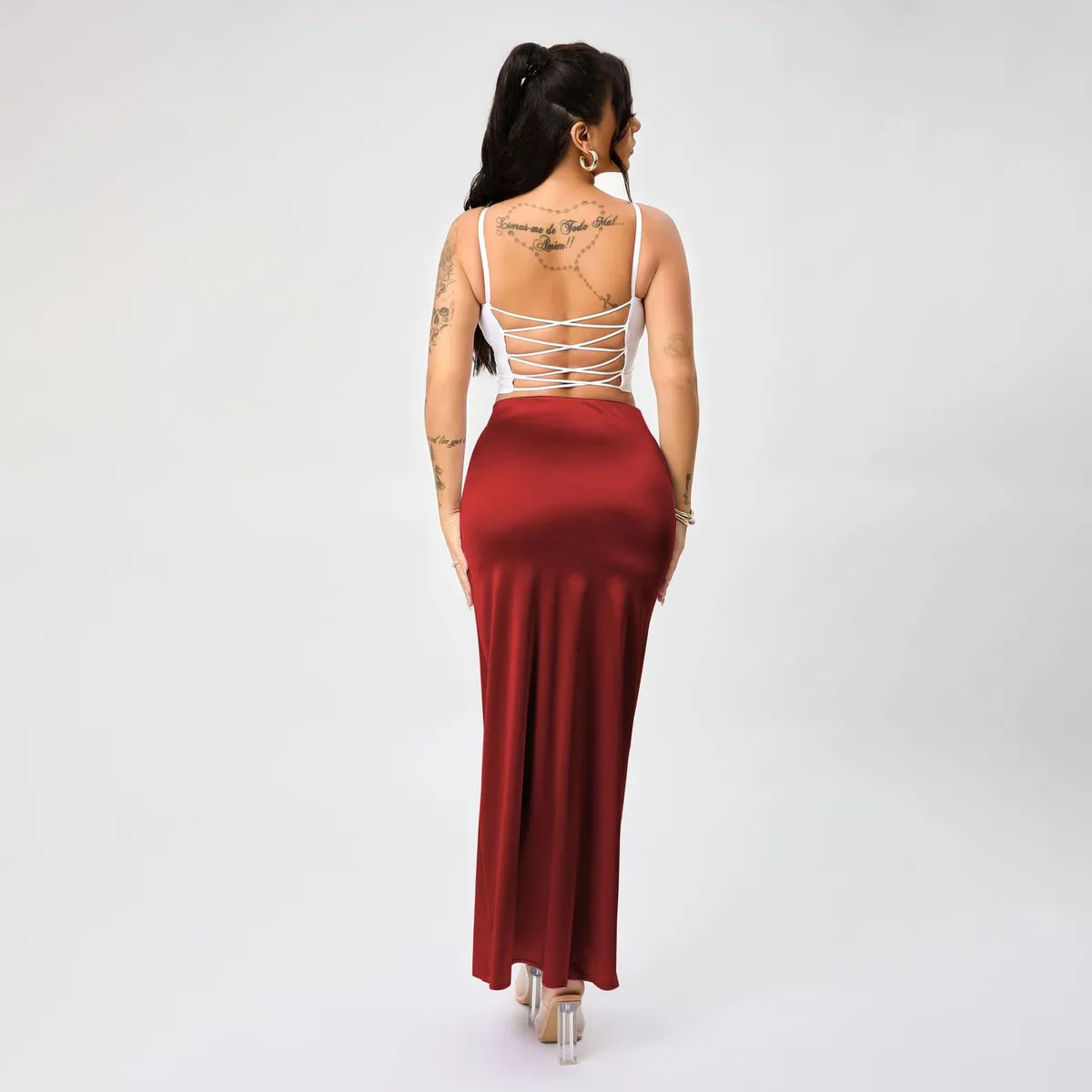 Women Fashion Elegant Solid Color High-Waist Satin A- Line Mid-Length Skirt - Image 3