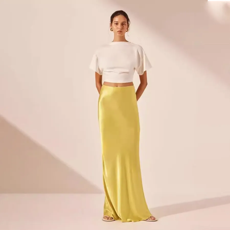 Women Fashion Elegant Solid Color High-Waist Satin A- Line Mid-Length Skirt - Image 4