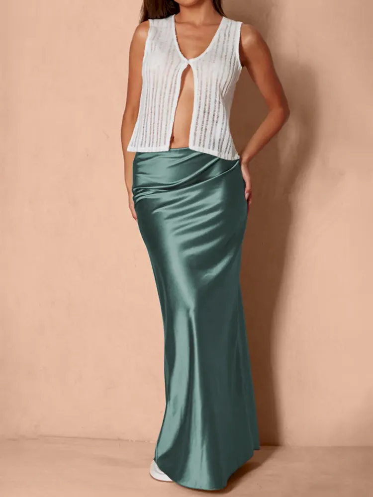 Women Fashion Elegant Solid Color High-Waist Satin A- Line Mid-Length Skirt - Image 6