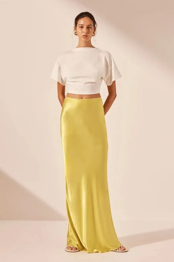 Women Fashion Elegant Solid Color High-Waist Satin A- Line Mid-Length Skirt - Image 9