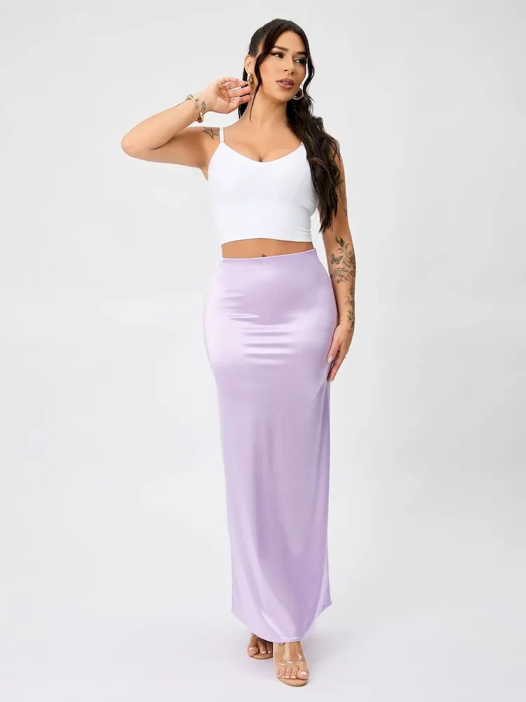 Women Fashion Elegant Solid Color High-Waist Satin A- Line Mid-Length Skirt - Image 12