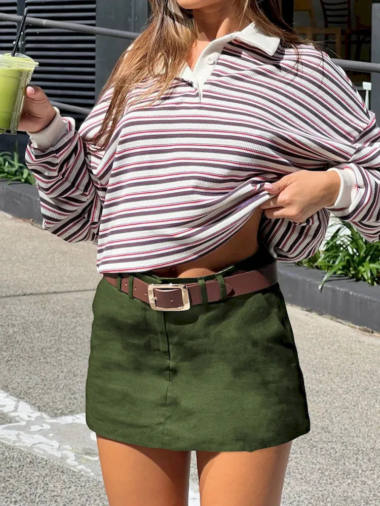 Women Fashion Casual Solid Color High Waist Pocket Slim A- Line Skirt - Image 3