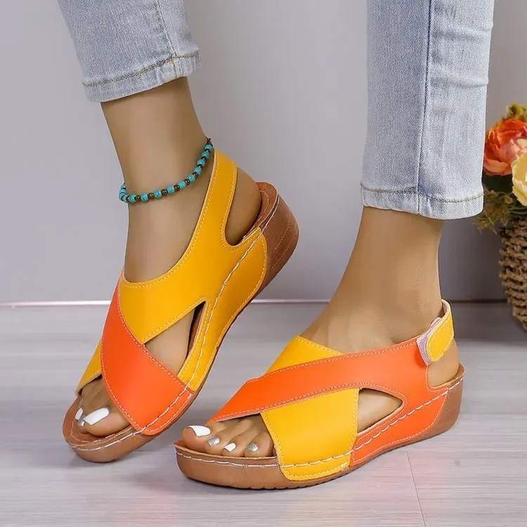 Women Fashion Casual Color Block Peep-Toe Wedge Sandals