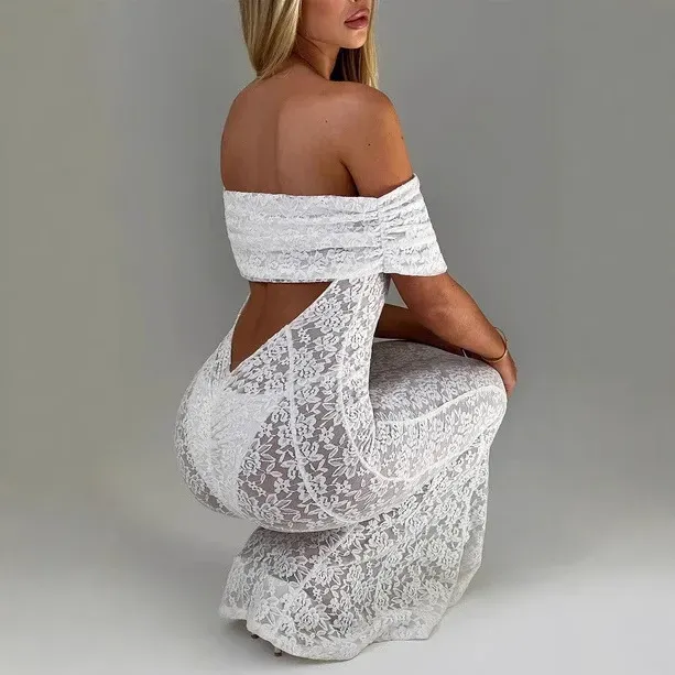 Women Sexy Perspective Lace Shoulder Party Dress - Image 4