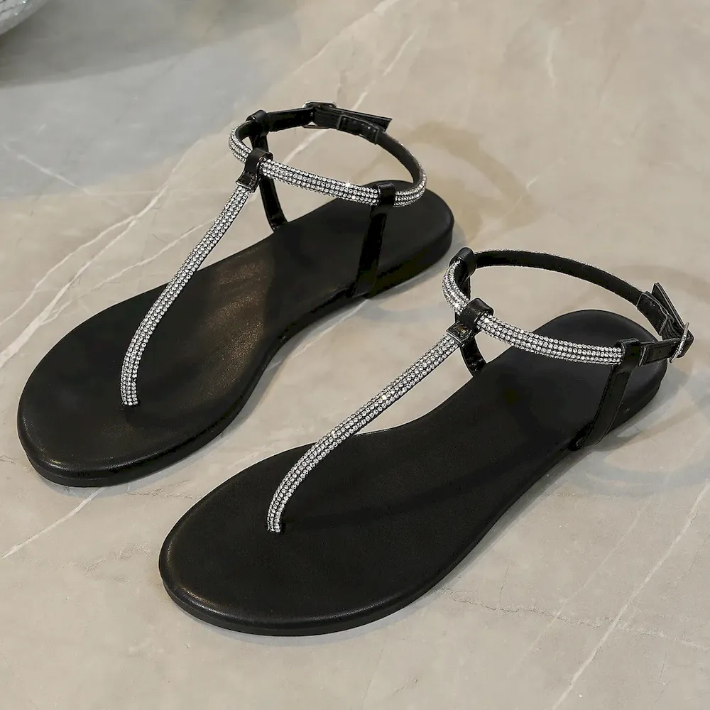 Women Fashion Casual Rhinestone Soft Bottom Flat Sandals