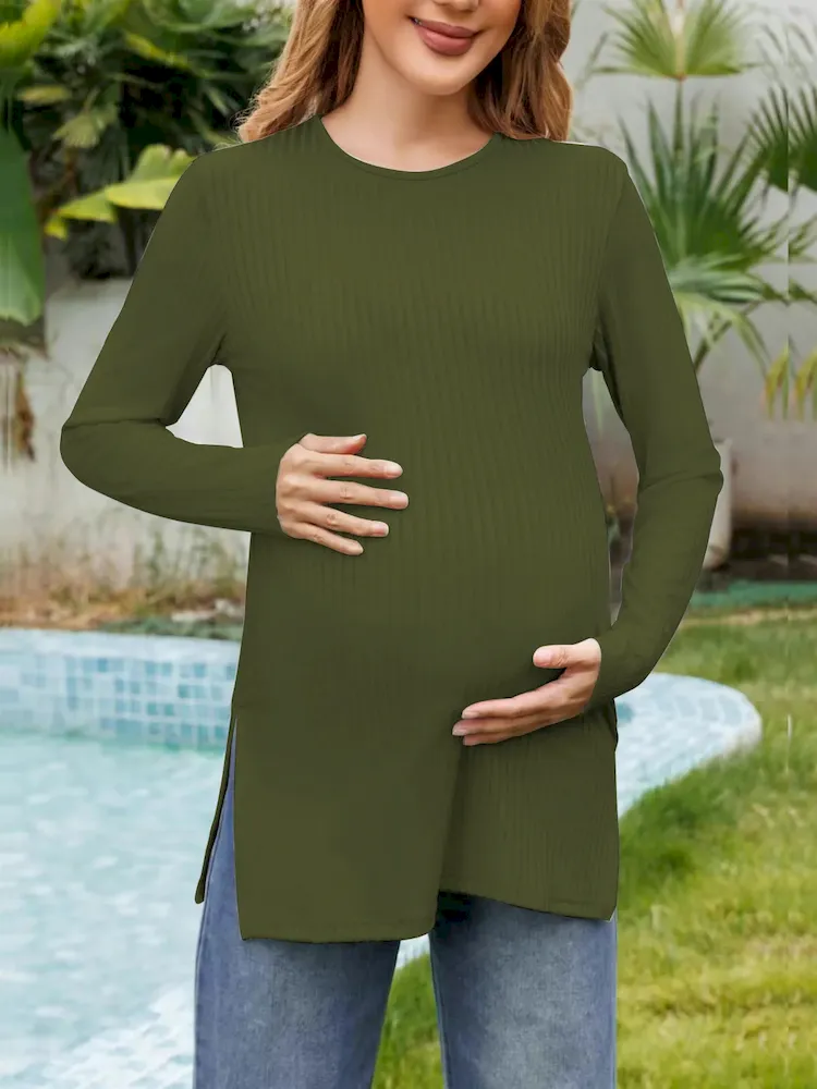 Pregnant Women Casual Solid Color Round Neck Long Sleeve Split T-Shirt - Image 8
