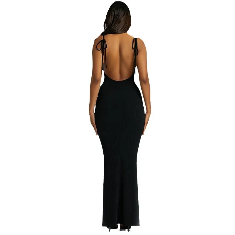 Women Fashion Sexy Solid Color Backless Slim-Fit Lace-Up Camisole Dress - Image 3
