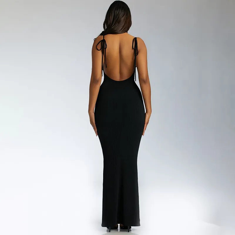 Women Fashion Sexy Solid Color Backless Slim-Fit Lace-Up Camisole Dress - Image 5