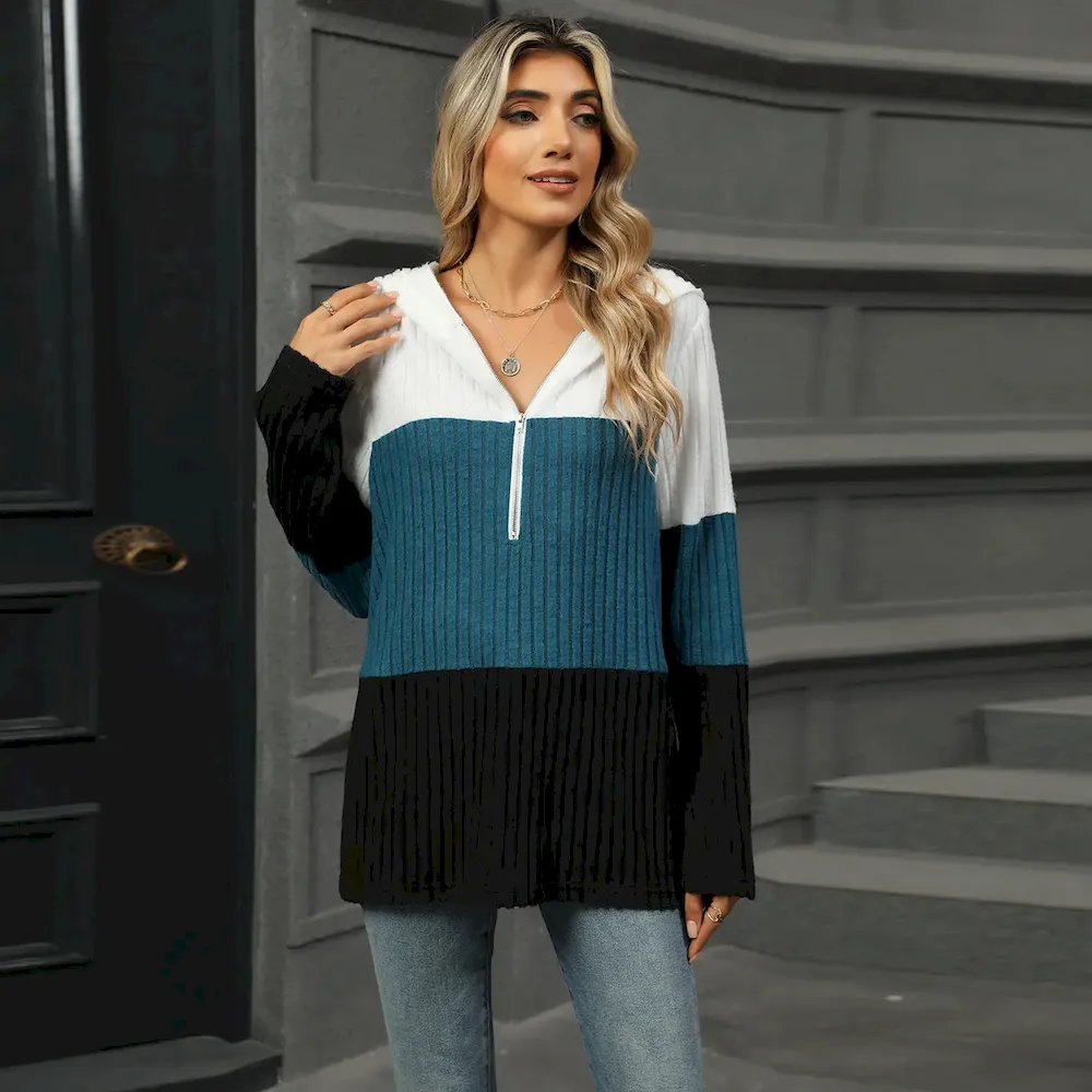 Women Fashion Casual Loose Contrast Color Stitching Zipper Long Sleeve Hoodies