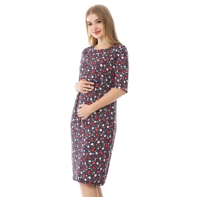 Summer Pregnant Women Casual Small Tiny Flower Printed Round Neck Short Sleeve Breastfeeding Dress - Image 3