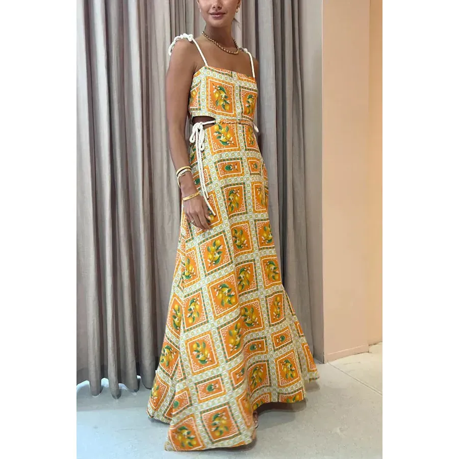 Women Fashion Casual Vacation Printed Hollow-Out Spaghetti Strap Drawstring Loose Dress - Image 3