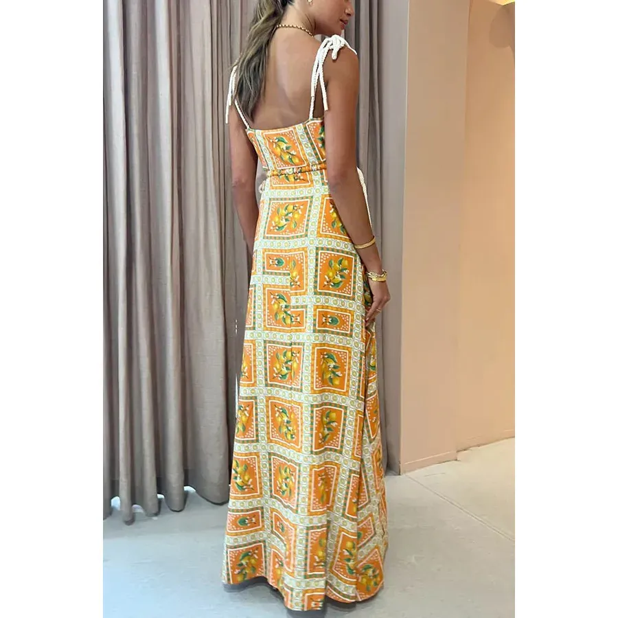 Women Fashion Casual Vacation Printed Hollow-Out Spaghetti Strap Drawstring Loose Dress - Image 4
