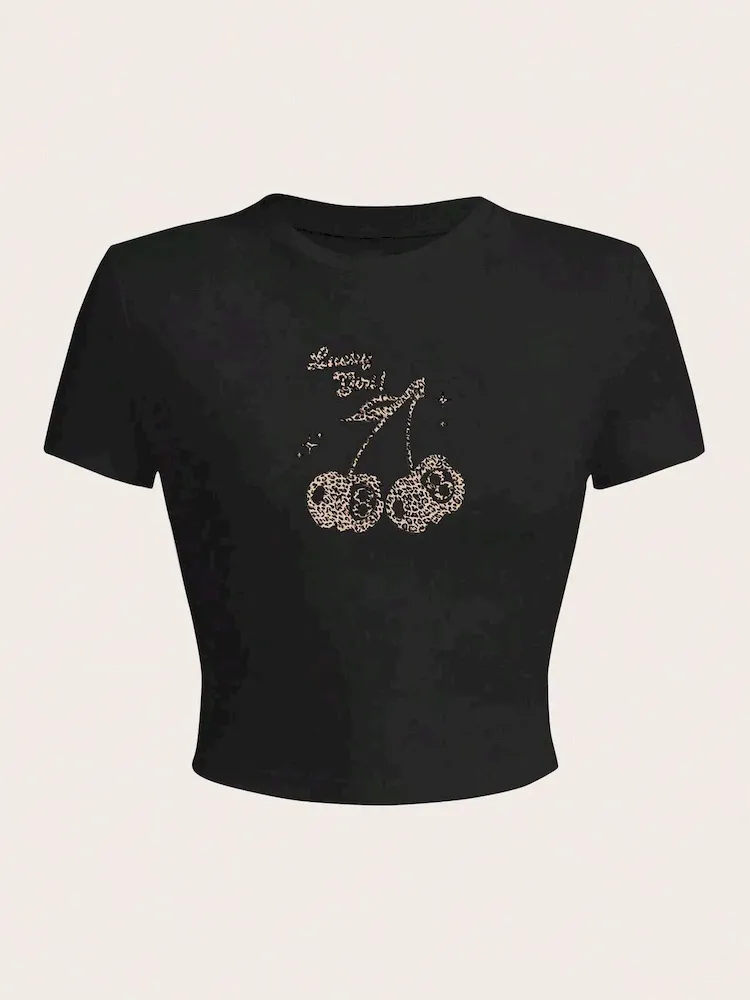 Women Fashion Leopard Cherry Print Short Sleeve Cropped Top Tee - Image 4