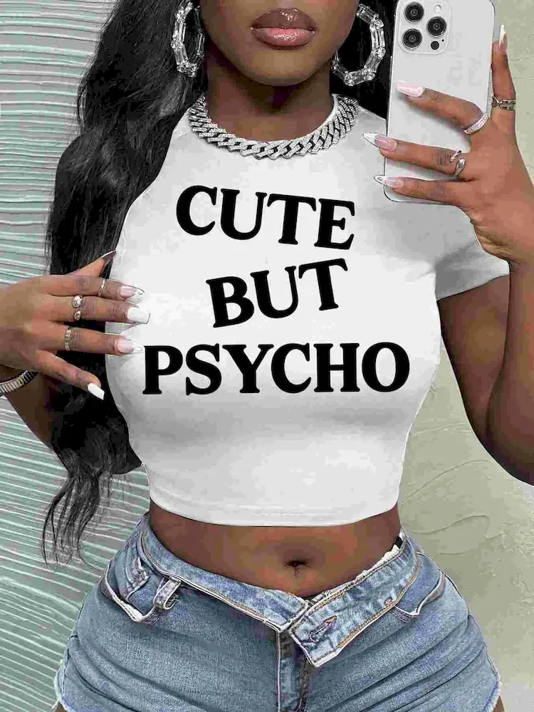 Women Fashion Letter Print Short-Sleeved Crop Top T-Shirt - Image 3