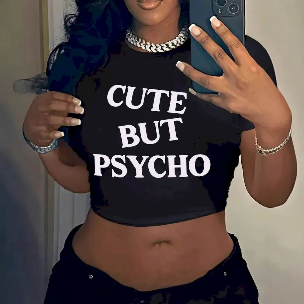 Women Fashion Letter Print Short-Sleeved Crop Top T-Shirt - Image 5