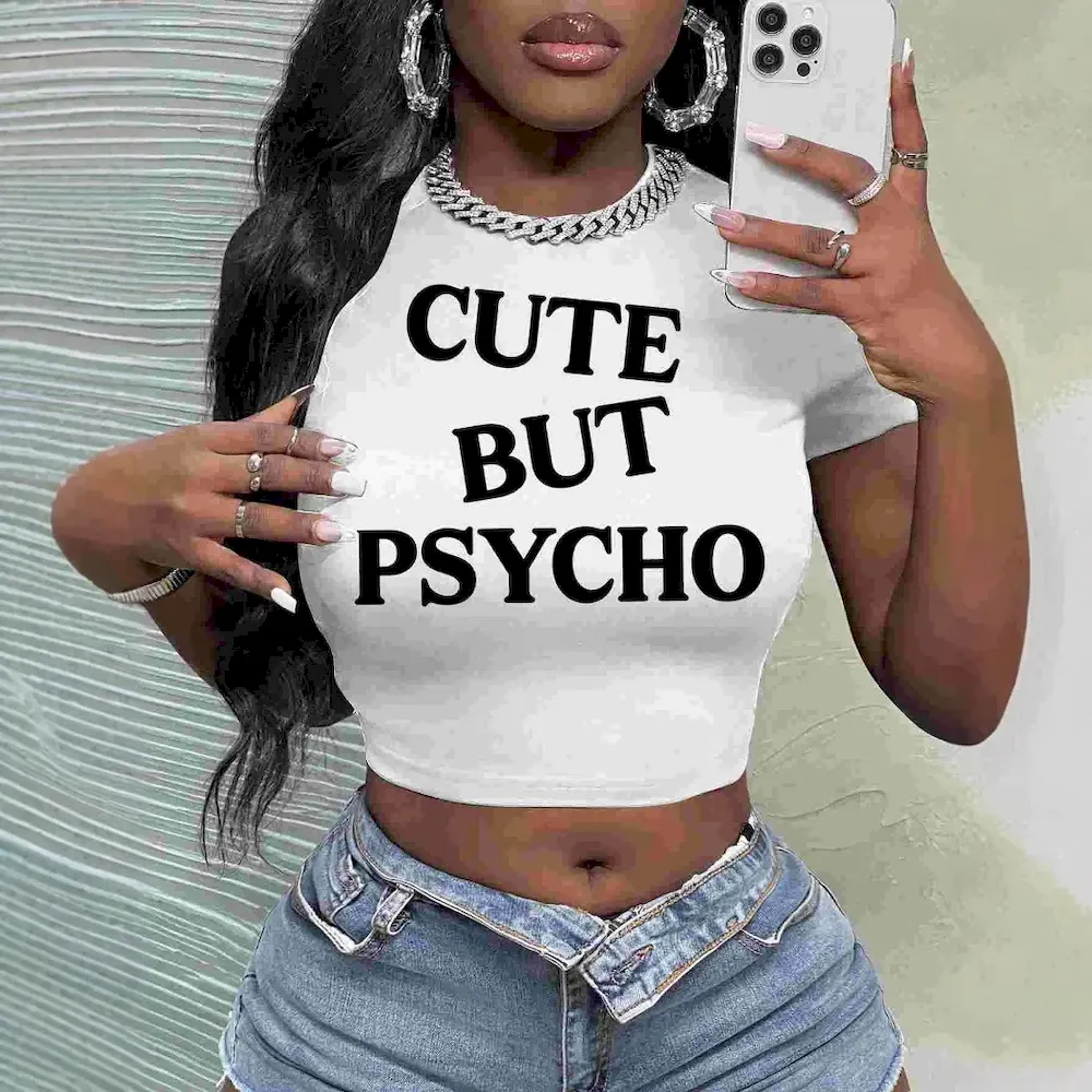 Women Fashion Letter Print Short-Sleeved Crop Top T-Shirt - Image 6