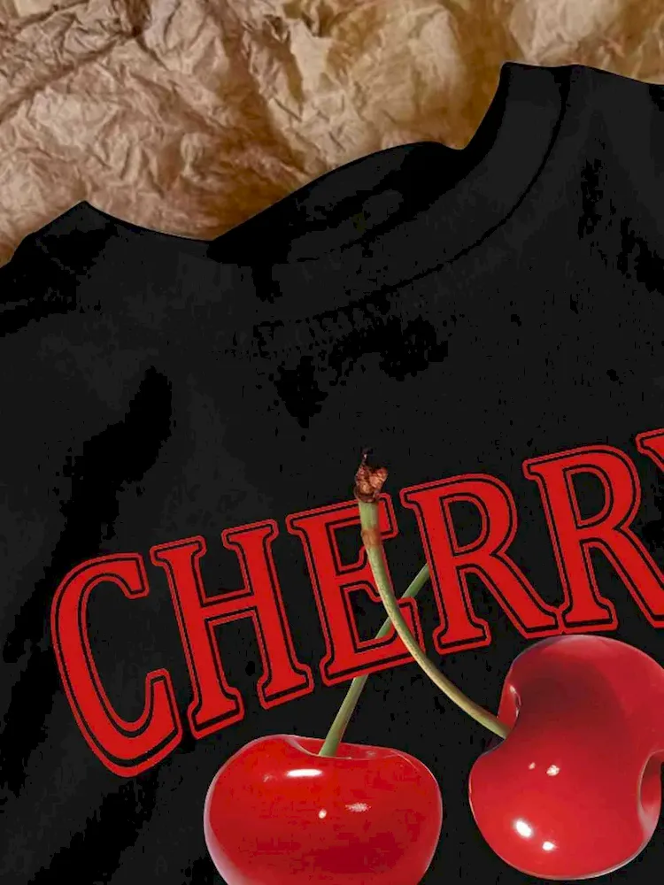 Women Fashion Cherry Print Short Sleeve Crop Top T-Shirt - Image 6