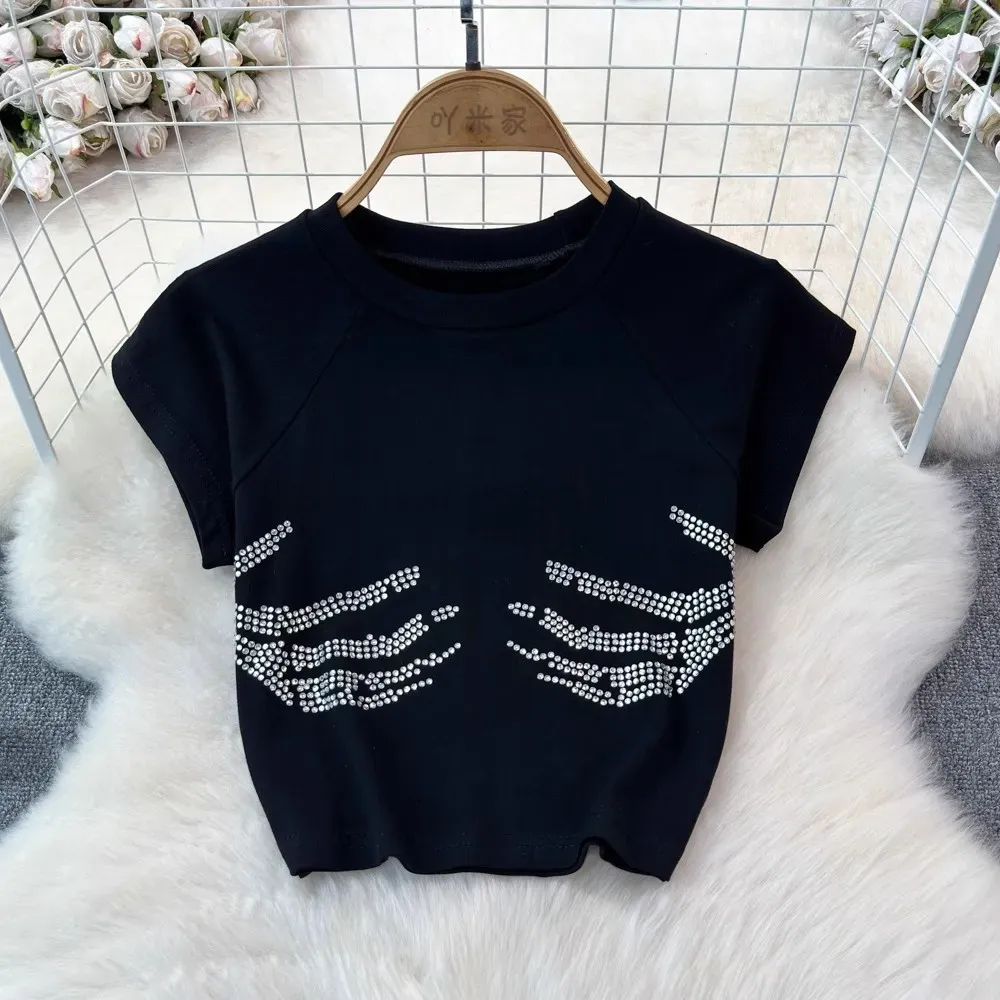 Women Fashion Sexy Magic Claw Rhinestone Printed Short-Sleeve T-Shirt - Image 4