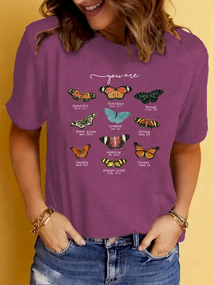 Women Casual Loose Butterfly Pattern Printed Round Neck Short-Sleeve T-Shirt - Image 3