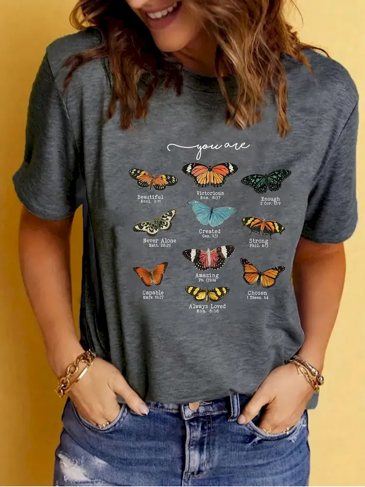 Women Casual Loose Butterfly Pattern Printed Round Neck Short-Sleeve T-Shirt - Image 5