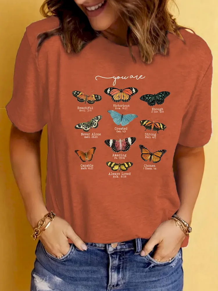 Women Casual Loose Butterfly Pattern Printed Round Neck Short-Sleeve T-Shirt - Image 6