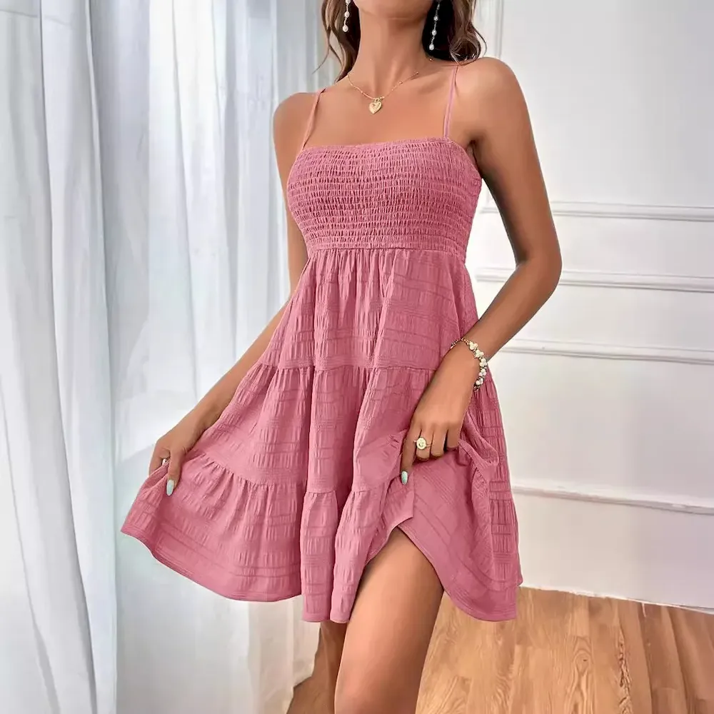 Women Fashion Casual Solid Color Pleated Spaghetti Strap Dress - Image 3