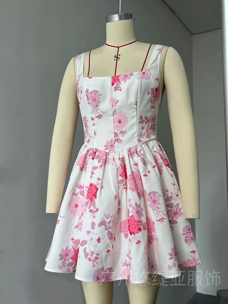 Sexy Spring Slim-Fit Defiened Waist Square Collar Floral Rose Print Swing Dress - Image 6