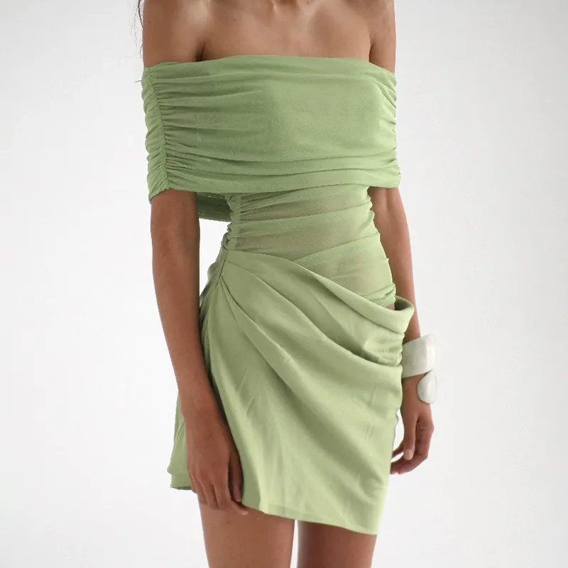 Women Fashion Sexy Solid Color Off-Shoulder Stitching Hollow-Out Pleated Dress - Image 4