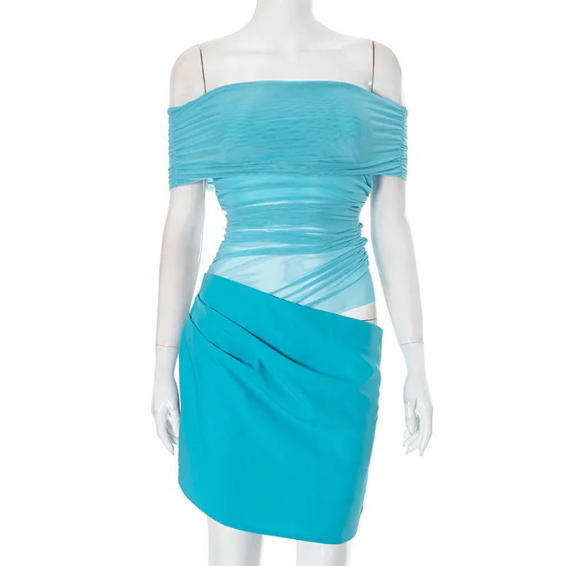 Women Fashion Sexy Solid Color Off-Shoulder Stitching Hollow-Out Pleated Dress - Image 5
