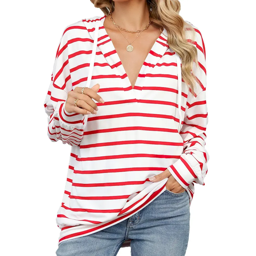 Women Fashion Casual Stripe V-Neck Long Sleeve Loose Hoodies - Image 3