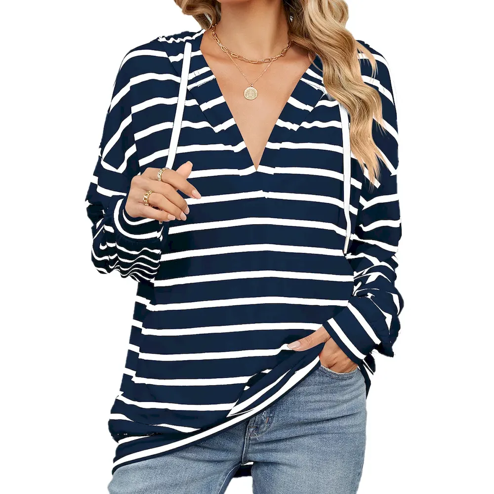 Women Fashion Casual Stripe V-Neck Long Sleeve Loose Hoodies - Image 5
