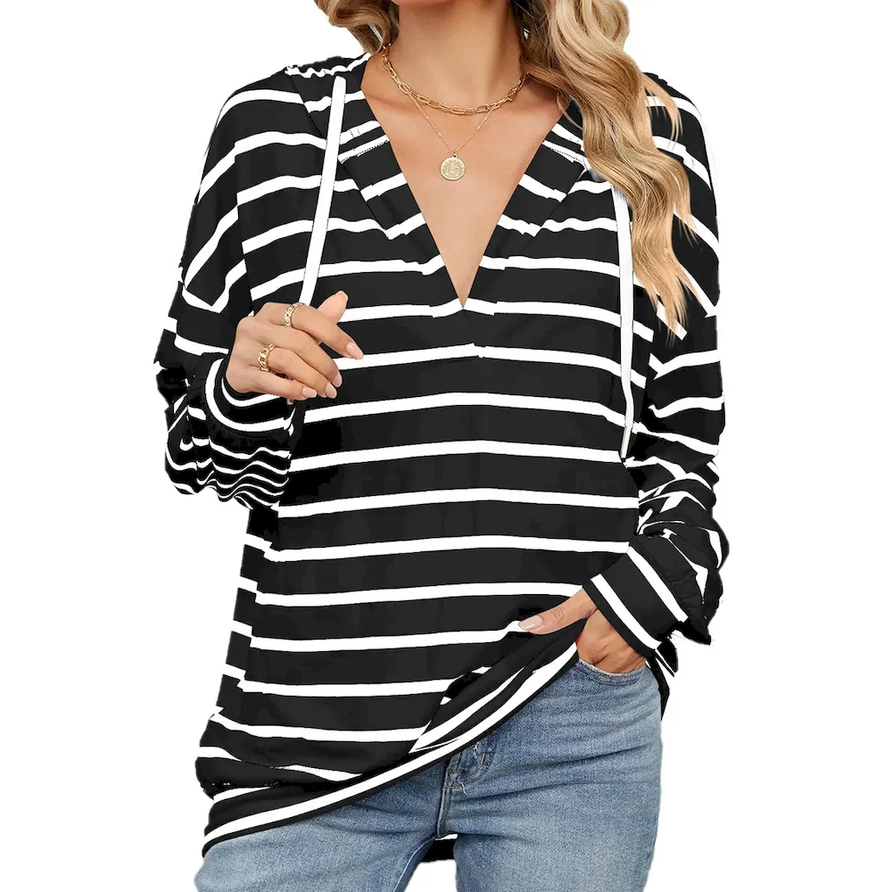Women Fashion Casual Stripe V-Neck Long Sleeve Loose Hoodies - Image 6