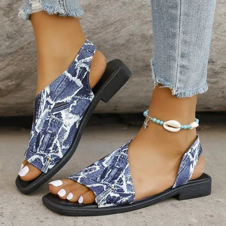Women Fashion Casual Printed Square Toe Flat Sandals