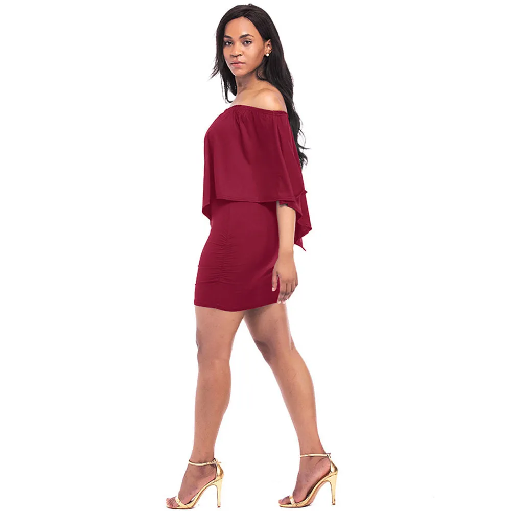 Women Sexy Solid Color Irregular Pleated Off Shoulder Slim Fit Dress - Image 8