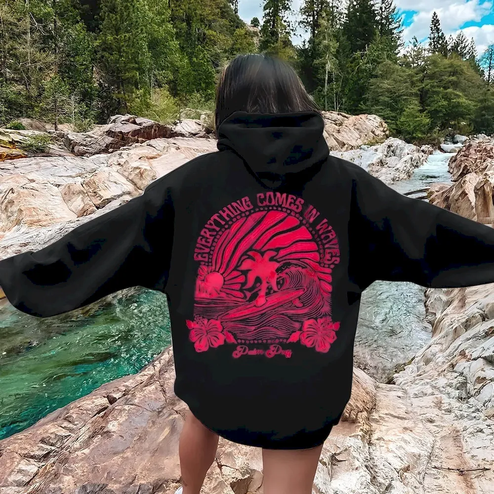 Women Fashion Casual Printed Threaded Long-Sleeve Loose Hoodies