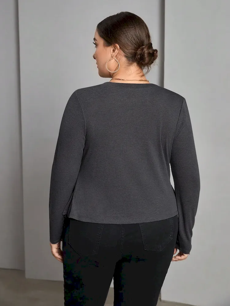 Women Fashion Casual Irregular Plus Size Long-Sleeve Split T-Shirt - Image 3