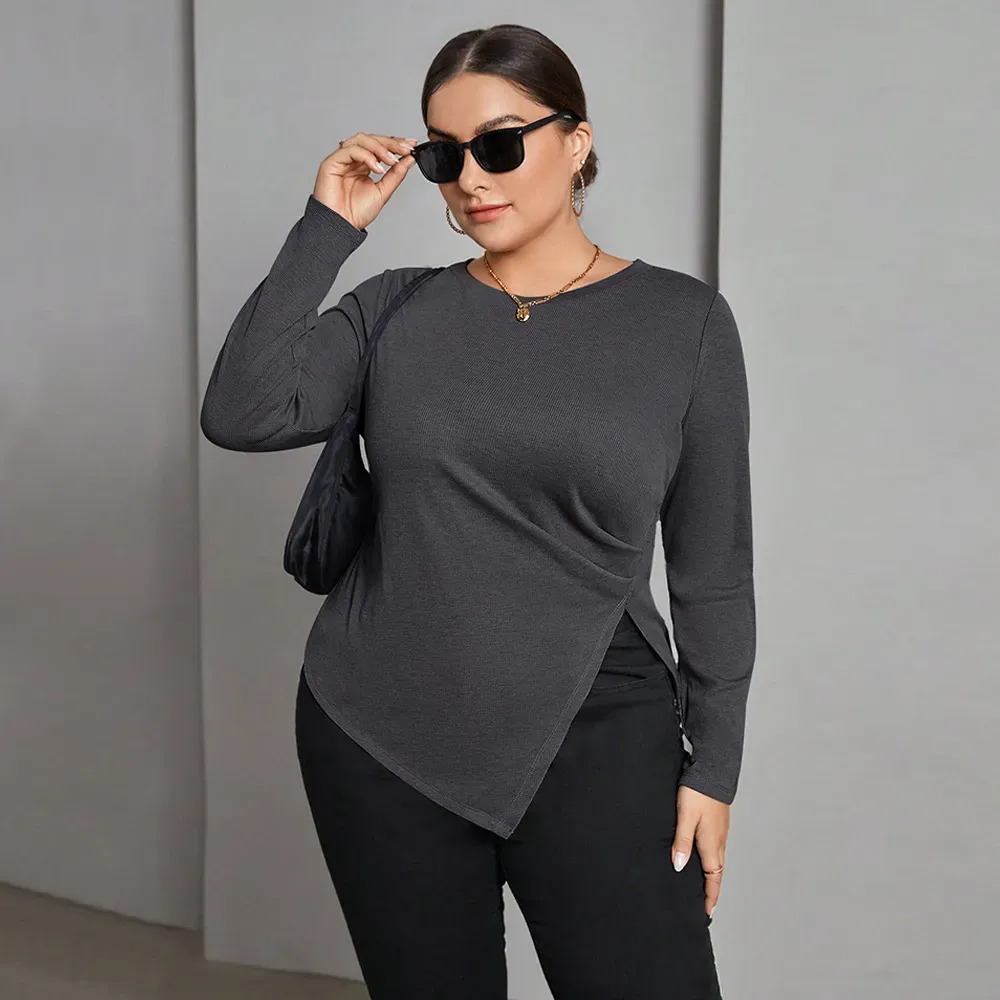 Women Fashion Casual Irregular Plus Size Long-Sleeve Split T-Shirt - Image 4