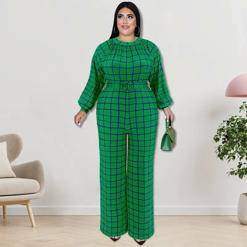 Women Fashion Casual Grid Printed Plus Size Long Sleeve Jumpsuits - Image 3