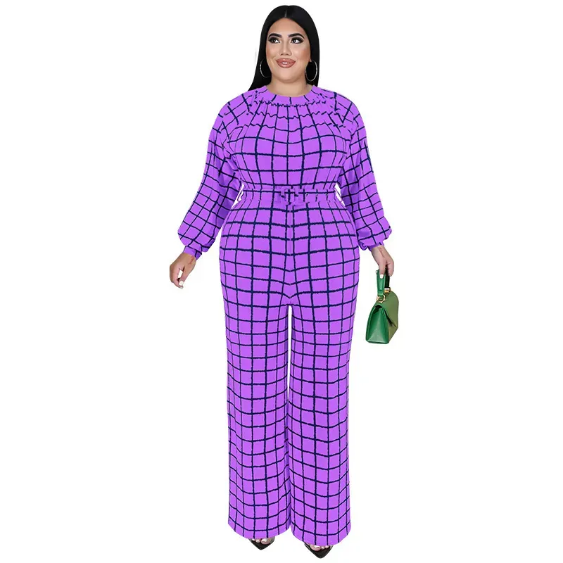 Women Fashion Casual Grid Printed Plus Size Long Sleeve Jumpsuits - Image 4