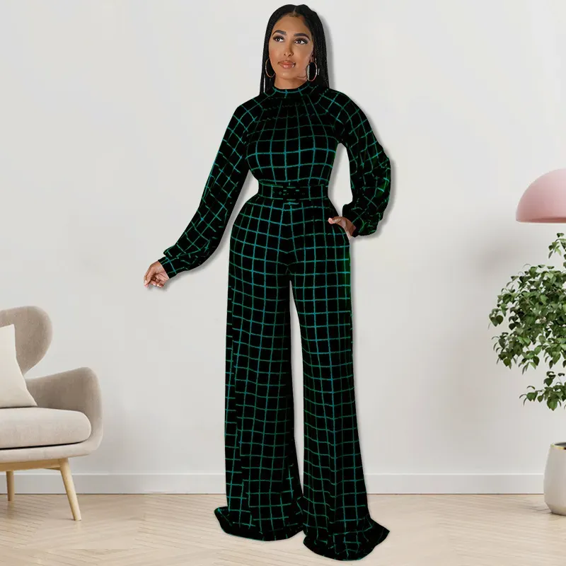Women Fashion Casual Grid Printed Plus Size Long Sleeve Jumpsuits - Image 5